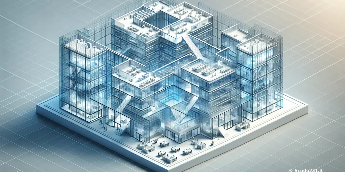 Modello 3D azzurro di un grande edificio industriale con corridoi e stanze, vista aerea in prospettiva per Scudo231® su griglia tecnica in stile blueprint