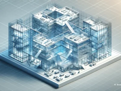 Modello 3D azzurro di un grande edificio industriale con corridoi e stanze, vista aerea in prospettiva per Scudo231® su griglia tecnica in stile blueprint