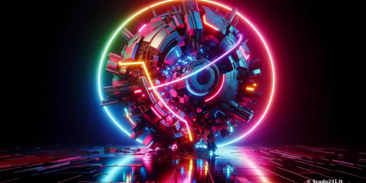 Arte digitale con elemento circolare neon colorato e riflessi luminosi, geometrie metalliche e scie multicolore al centro, firmata Scudo231.