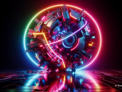 Arte digitale con elemento circolare neon colorato e riflessi luminosi, geometrie metalliche e scie multicolore al centro, firmata Scudo231.
