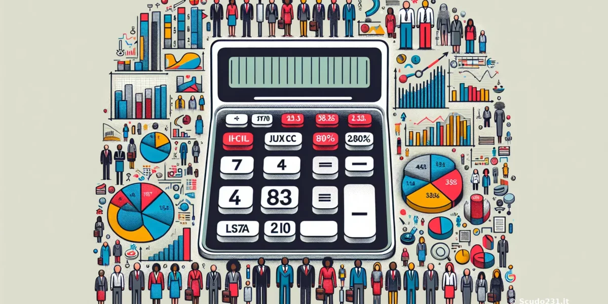 Illustrazione digitale con dashboard di analisi, grafici e persone in stile iconografico, con elementi multicolore legati a Scudo231