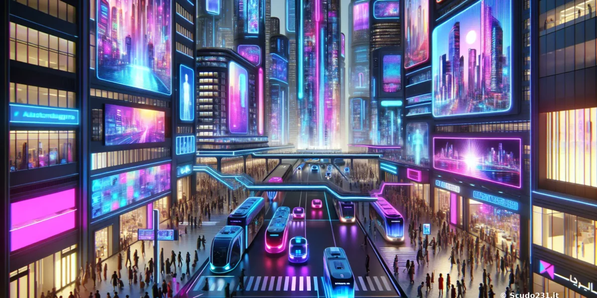 Transito futuristico in una città illuminata da neon blu e viola acceso, tra grattacieli con schermi luminosi e veicoli in corsia centrale.