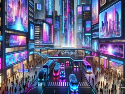 Transito futuristico in una città illuminata da neon blu e viola acceso, tra grattacieli con schermi luminosi e veicoli in corsia centrale.