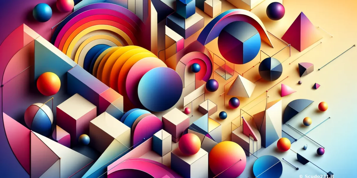 Composizione astratta 3D con sfere e forme geometriche colorate, archi e poligoni: richiama la grafica Scudo231 per scenari di complessità.