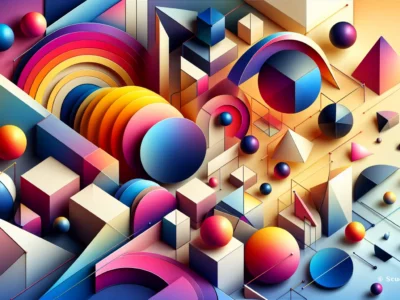 Composizione astratta 3D con sfere e forme geometriche colorate, archi e poligoni: richiama la grafica Scudo231 per scenari di complessità.