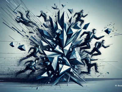 Scudo231® in grafica astratta: schegge blu fratturate e linee dinamiche esplodono in un collage geometrico ad alto contrasto.