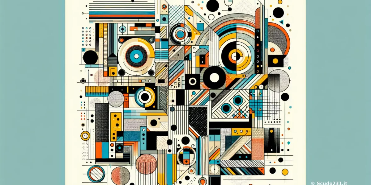 Composizione astratta con linee e cerchi multicolori, forme geometriche e contrasti in blu, arancio e nero, con richiamo a Scudo231