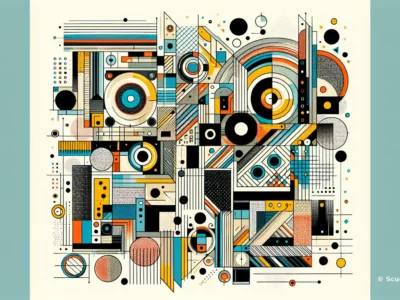 Composizione astratta con linee e cerchi multicolori, forme geometriche e contrasti in blu, arancio e nero, con richiamo a Scudo231
