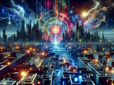 Scudo231 in una metropoli futuristica con luci neon multicolore, grattacieli e una sfera olografica di dati luminosi in cielo.