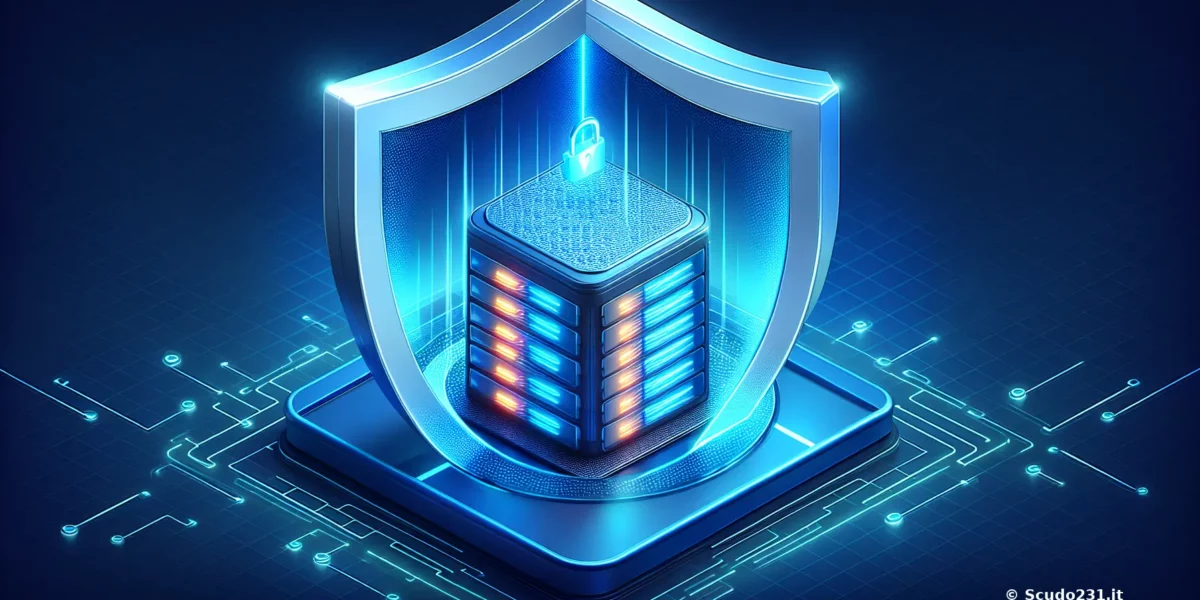 Scudo231® con scudo digitale blu neon e lucchetto a protezione dei dati, tra circuiti luminosi e server grafici in sicurezza informatica.