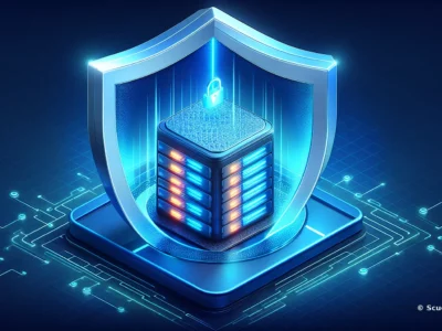 Scudo231® con scudo digitale blu neon e lucchetto a protezione dei dati, tra circuiti luminosi e server grafici in sicurezza informatica.