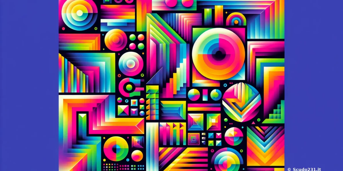Composizione astratta colorata e geometrica con spirali, cerchi e forme 3D in gradienti vivaci, firmata Scudo231®.