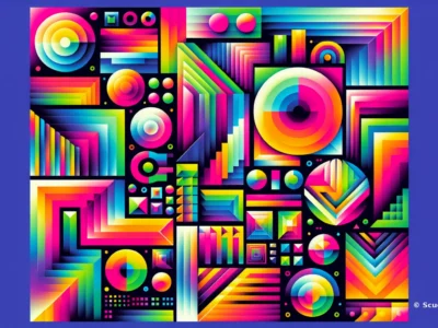Composizione astratta colorata e geometrica con spirali, cerchi e forme 3D in gradienti vivaci, firmata Scudo231®.