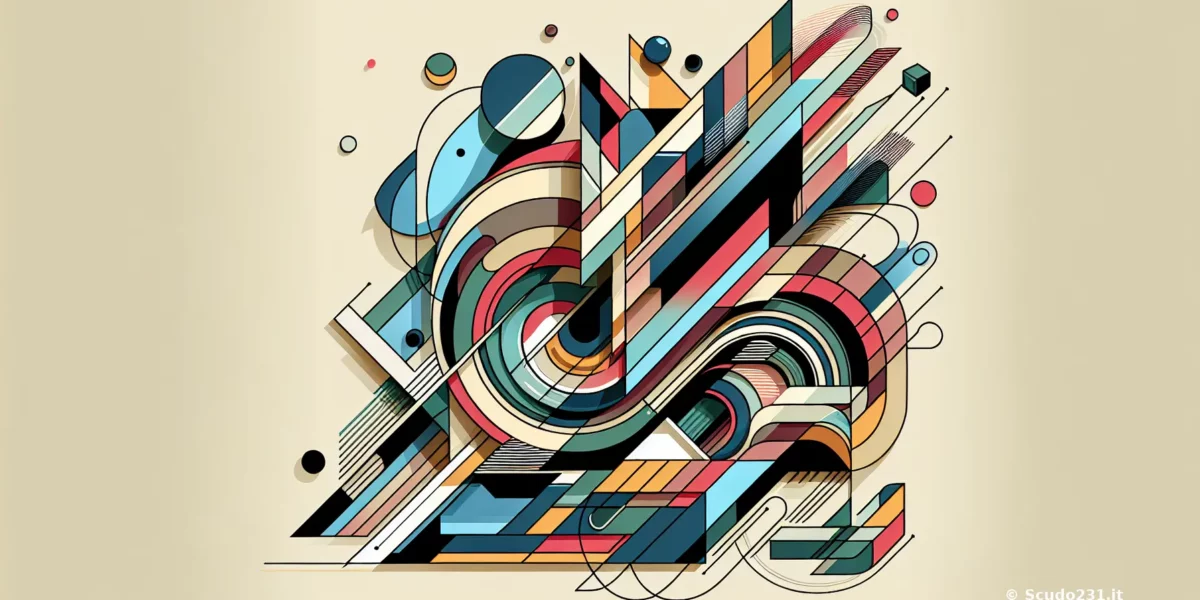 Illustrazione astratta geometrica multicolore con forme curve e rettangoli sovrapposti, linee dinamiche e dettagli in blu, rosso e verde.