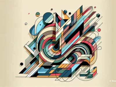 Illustrazione astratta geometrica multicolore con forme curve e rettangoli sovrapposti, linee dinamiche e dettagli in blu, rosso e verde.