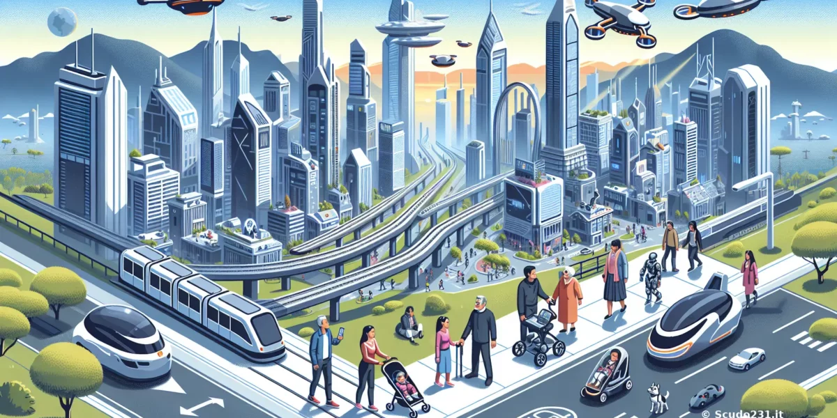 Scena futuristica di una metropoli con grattacieli, mezzi aerei e droni, persone su strade e passaggi sopraelevati nel cielo blu.