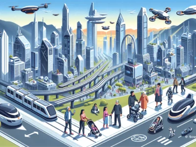 Scena futuristica di una metropoli con grattacieli, mezzi aerei e droni, persone su strade e passaggi sopraelevati nel cielo blu.