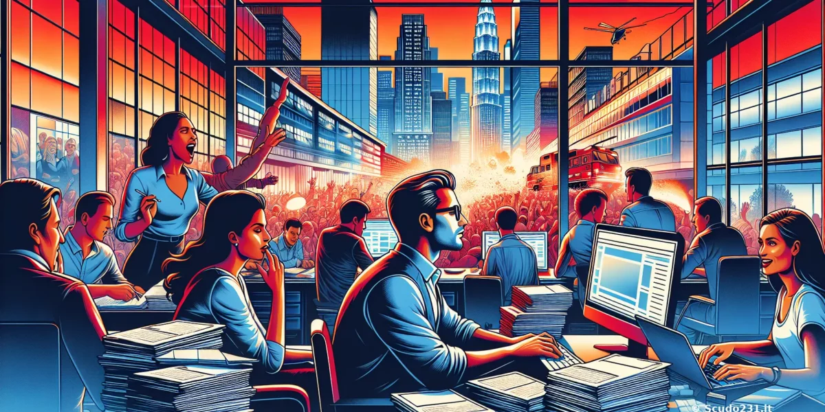 Illustrazione con professionisti che lavorano con computer e documenti in un ambiente urbano, colori rosso e blu e skyline cittadino sullo sfondo.
