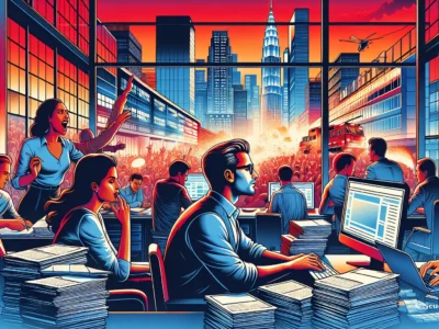 Illustrazione con professionisti che lavorano con computer e documenti in un ambiente urbano, colori rosso e blu e skyline cittadino sullo sfondo.