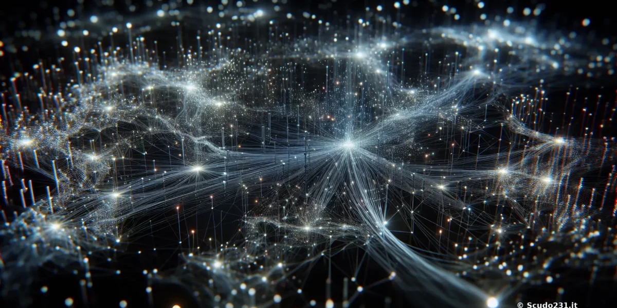 Connessione digitale con nodi luminosi blu e trama reticolare che si espande, effetto di rete complessa per la trasformazione dei dati.