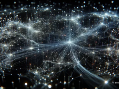 Connessione digitale con nodi luminosi blu e trama reticolare che si espande, effetto di rete complessa per la trasformazione dei dati.