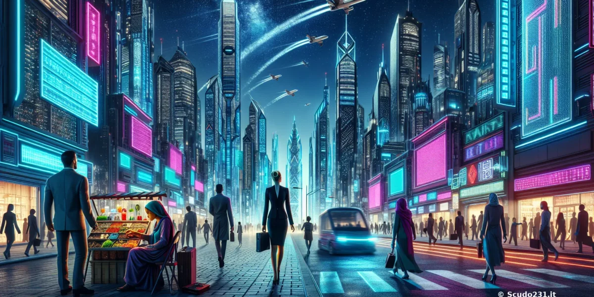 Scudo231: skyline futuristica notturna con grattacieli illuminati al neon, veicoli volanti e pedoni moderni in una metropoli cosmopolita.