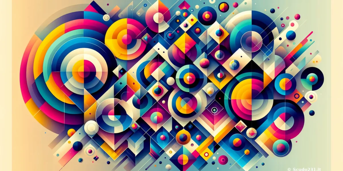 Scudo231 grafica astratta e geometrica con cerchi, archi e cubi colorati in tonalità vivaci, firma Scudo231 nell’angolo