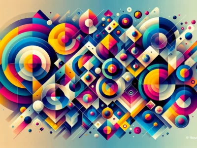 Scudo231 grafica astratta e geometrica con cerchi, archi e cubi colorati in tonalità vivaci, firma Scudo231 nell’angolo