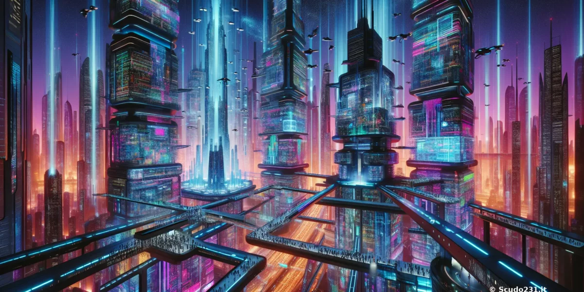 Scudo231: città futuristica con luci neon blu e magenta, grattacieli riflettenti, passerelle sospese e riflessi colorati sulle superfici