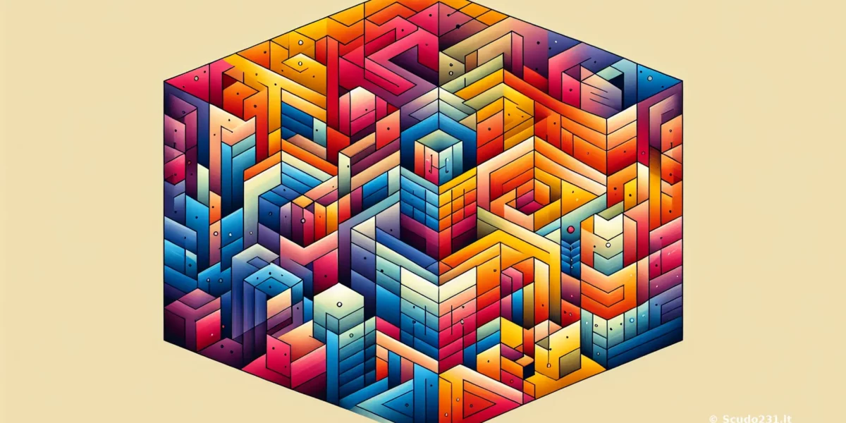 Scudo231: cubo geometrico colorato in stile astratto, motivi a zigzag con gradient arancione, rosso, blu e viola su sfondo beige, effetto 3D molto dinamico.
