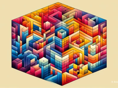 Scudo231: cubo geometrico colorato in stile astratto, motivi a zigzag con gradient arancione, rosso, blu e viola su sfondo beige, effetto 3D molto dinamico.