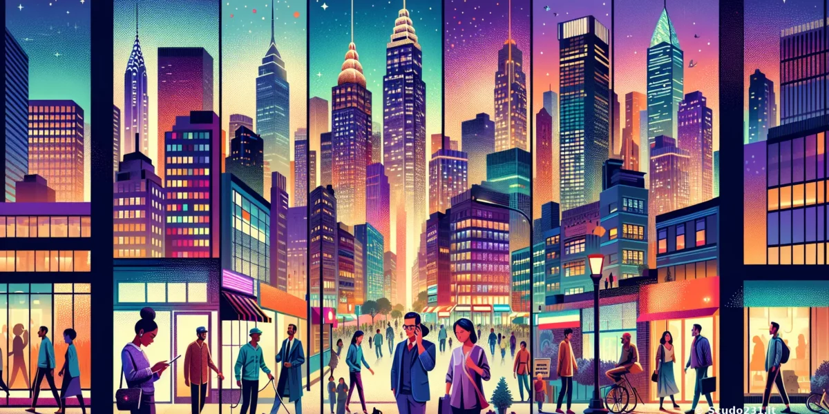 Panorama cittadino notturno con grattacieli colorati, strade animate, persone a piedi e in bicicletta, luci al neon e atmosfera urbana dinamica, firma Scudo231.it