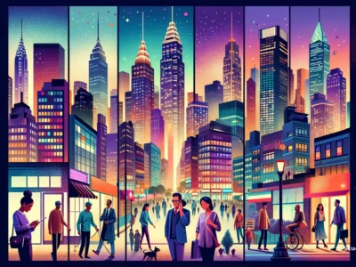 Panorama cittadino notturno con grattacieli colorati, strade animate, persone a piedi e in bicicletta, luci al neon e atmosfera urbana dinamica, firma Scudo231.it