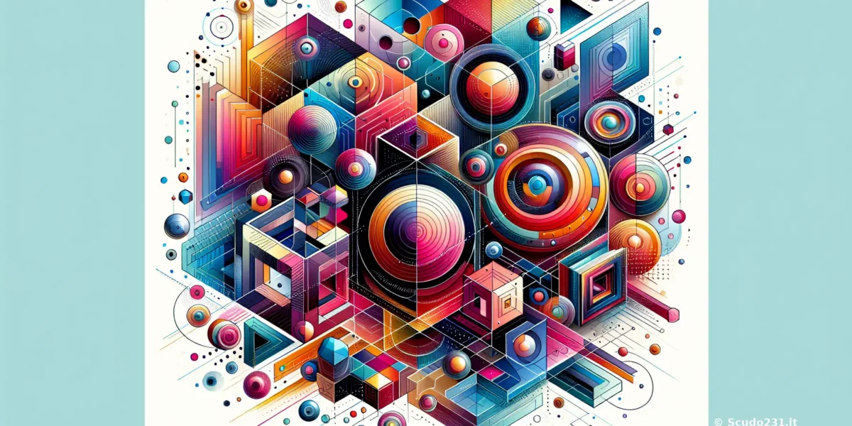 Scudo231: grafica astratta ad elementi geometrici con sfere e cerchi concentrici, palette colori vivaci e logo Scudo231 nell’angolo, immagine dinamica e moderna