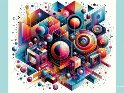 Scudo231: grafica astratta ad elementi geometrici con sfere e cerchi concentrici, palette colori vivaci e logo Scudo231 nell’angolo, immagine dinamica e moderna