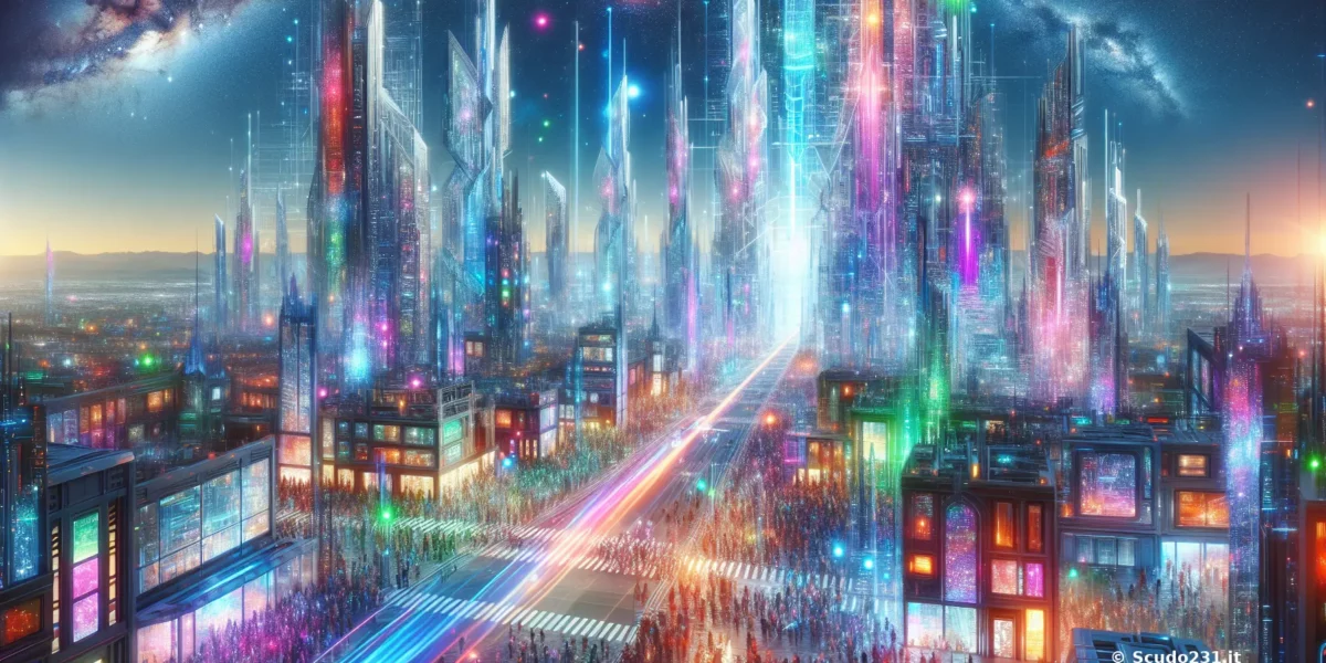 Scudo231 città futuristica con grattacieli di vetro e neon multicolori, strade illuminate da scie luminose, una folla in movimento sotto un cielo stellato.