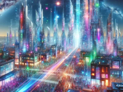 Scudo231 città futuristica con grattacieli di vetro e neon multicolori, strade illuminate da scie luminose, una folla in movimento sotto un cielo stellato.