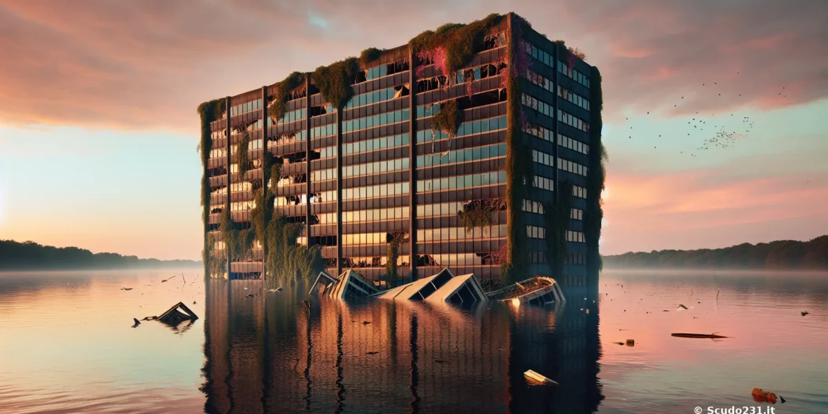 Scudo231: edificio alto coperto da vegetazione emerge dall’acqua al tramonto, riflessi arancioni e dorati sulle finestre, atmosfera surreale e decadente