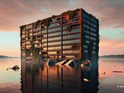 Scudo231: edificio alto coperto da vegetazione emerge dall’acqua al tramonto, riflessi arancioni e dorati sulle finestre, atmosfera surreale e decadente