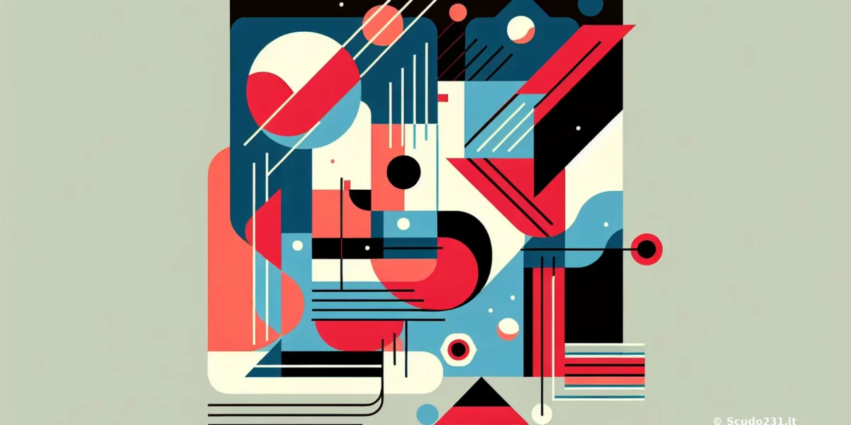 Composizione astratta e colorata con scudo231: palette rossa, blu e nero su sfondo verde pallido, linee e cerchi spezzati, forme sovrapposte e combinazioni geometriche di grande impatto visivo.