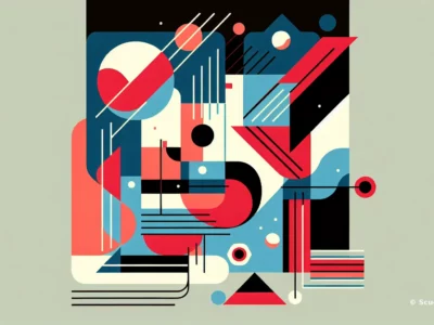 Composizione astratta e colorata con scudo231: palette rossa, blu e nero su sfondo verde pallido, linee e cerchi spezzati, forme sovrapposte e combinazioni geometriche di grande impatto visivo.