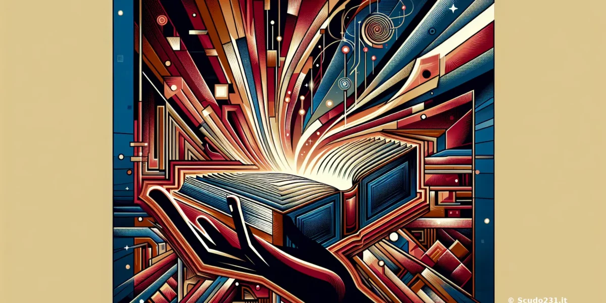 Scudo231: illustrazione astratta con mano stilizzata che sostiene un libro aperto, esplosioni di linee e forme geometriche colorate, tonalità rosse, blu e dorate