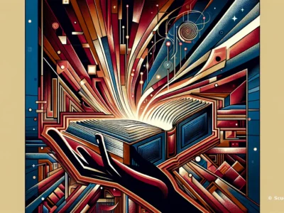 Scudo231: illustrazione astratta con mano stilizzata che sostiene un libro aperto, esplosioni di linee e forme geometriche colorate, tonalità rosse, blu e dorate