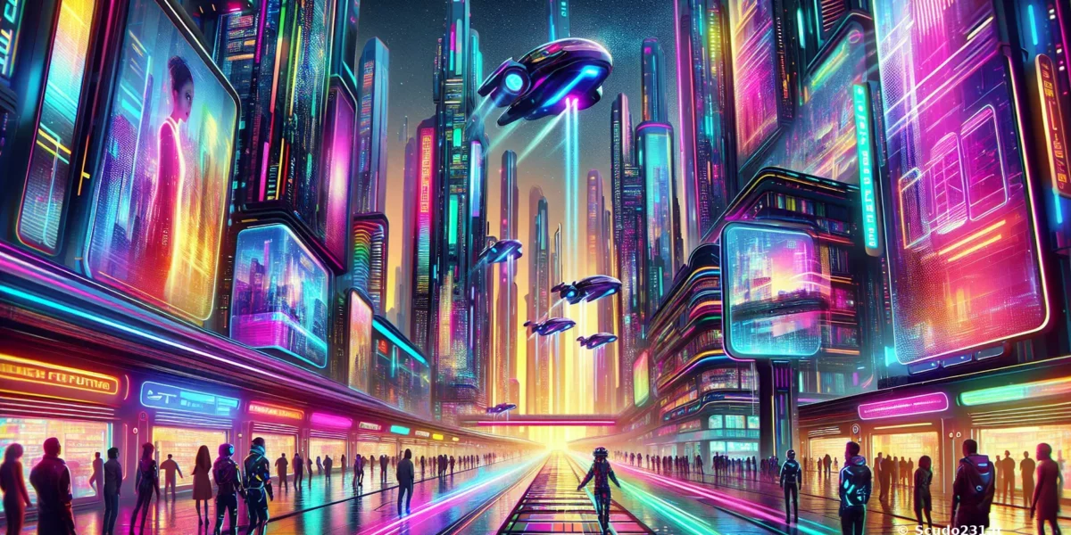 Scudo231® in una metropoli futuristica neon e colorata, con passerelle luminose, grattacieli digitali e sagome umane lungo un viale cyber