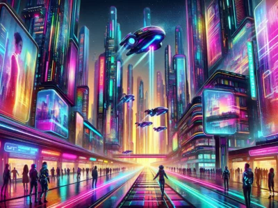 Scudo231® in una metropoli futuristica neon e colorata, con passerelle luminose, grattacieli digitali e sagome umane lungo un viale cyber