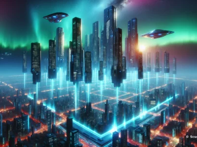 Vista futuristica di una metropoli notturna con grattacieli illuminati, scie luminose e atmosfere blu neon, panorama ad alta definizione.