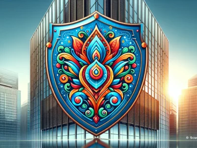 Scudo231® con scudo blu e dorato decorato, simbolo centrale a fiamma stilizzata, skyline di grattacieli con luce del mattino e riflessi