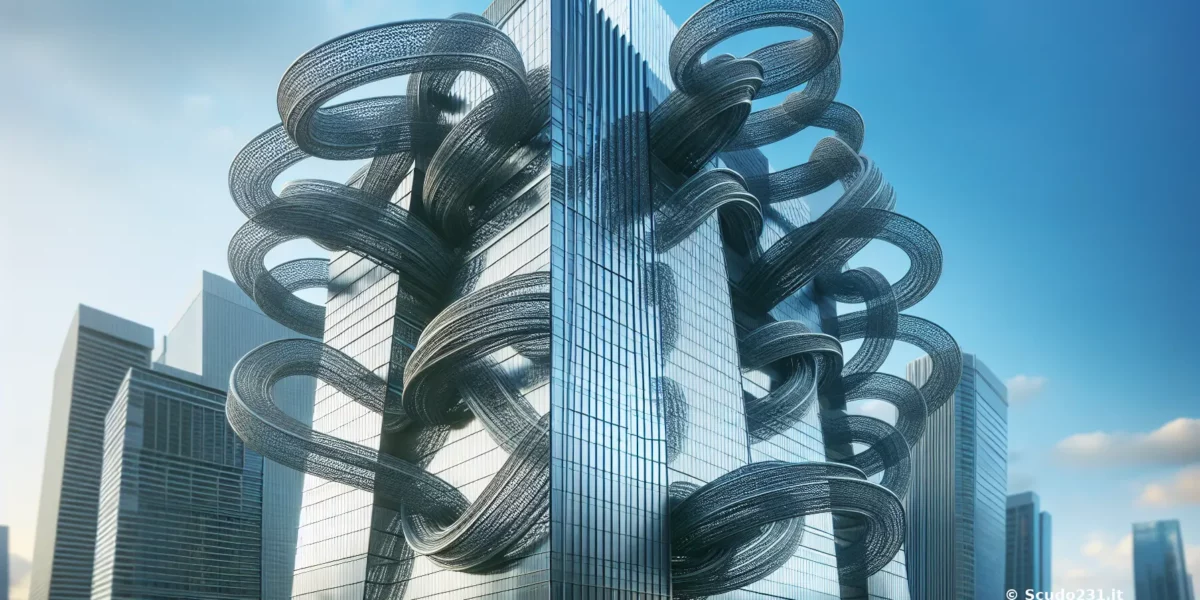 Scudo231: skyline urbano con grattacieli blu e scultura metallica intrecciata nera a forma di volute, riflessi e cielo azzurro