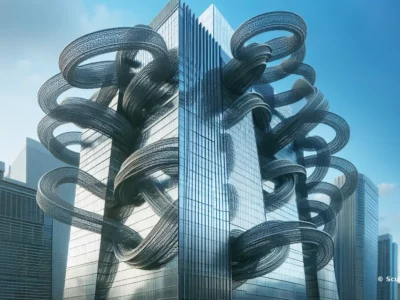 Scudo231: skyline urbano con grattacieli blu e scultura metallica intrecciata nera a forma di volute, riflessi e cielo azzurro