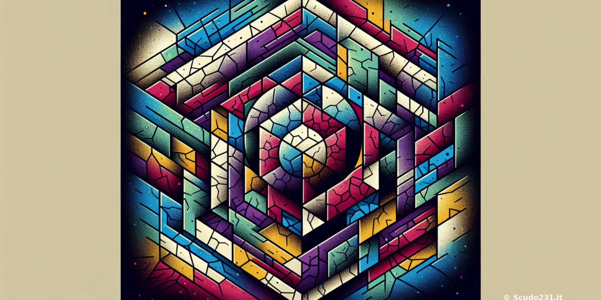 Scudo231: illustrazione geometrica multicolore con blocchi 3D e pattern tipo graffiti, linee sfumate e spruzzi di colore su sfondo scuro